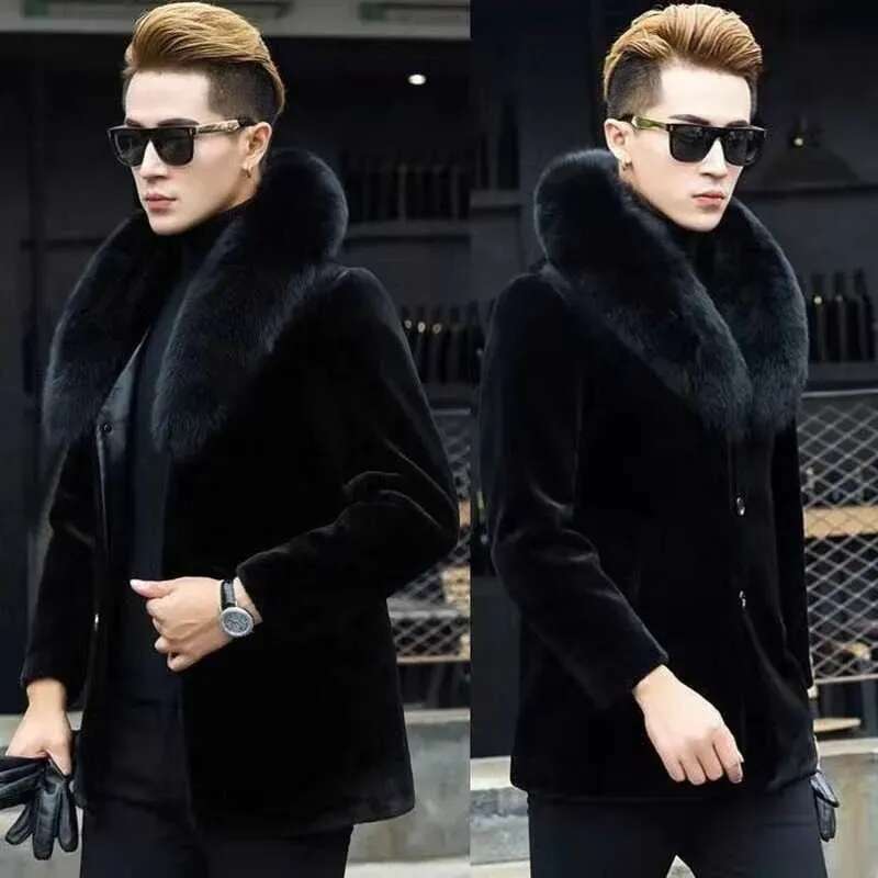 Men's Winter Faux Fur Collar Mens Veet Thick Warm Fluffy Coat Long Sleeve Casual Black Windbreaker Artificial Mink