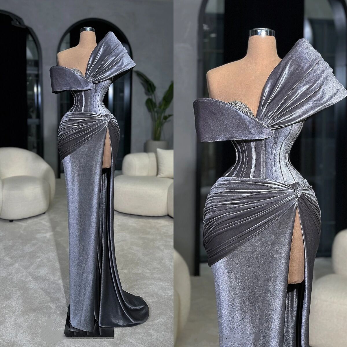One Shoulder Mermaid Prom Dress Sexy Sleeveless Velvet Formal Evening Gowns High Side Slit Robe De Soiree Customized