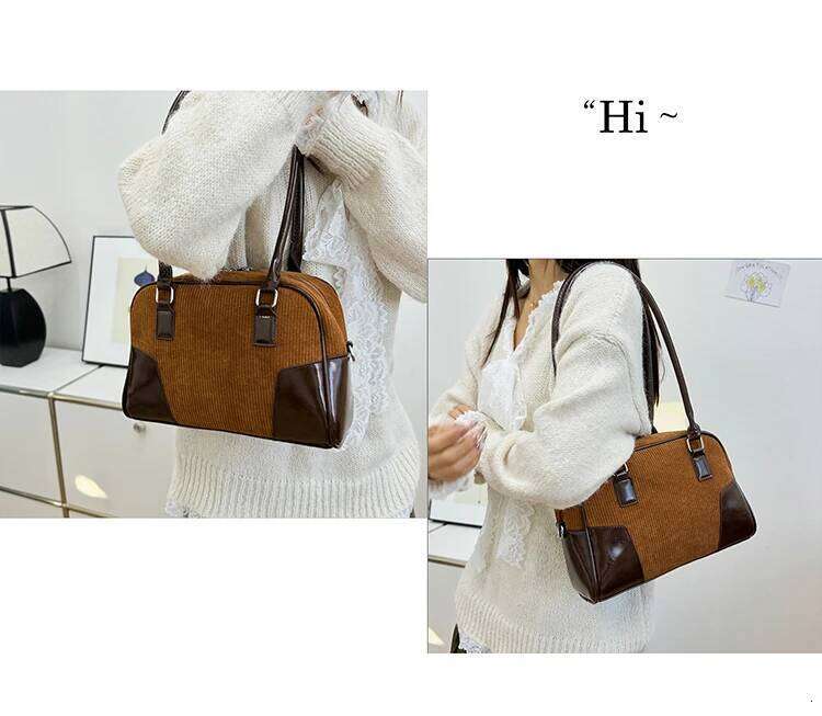 Corduroy Brand Boston Handbag Day Clutch Veet Shoulder For Women Trend Versatile Crossbody Bag Brown