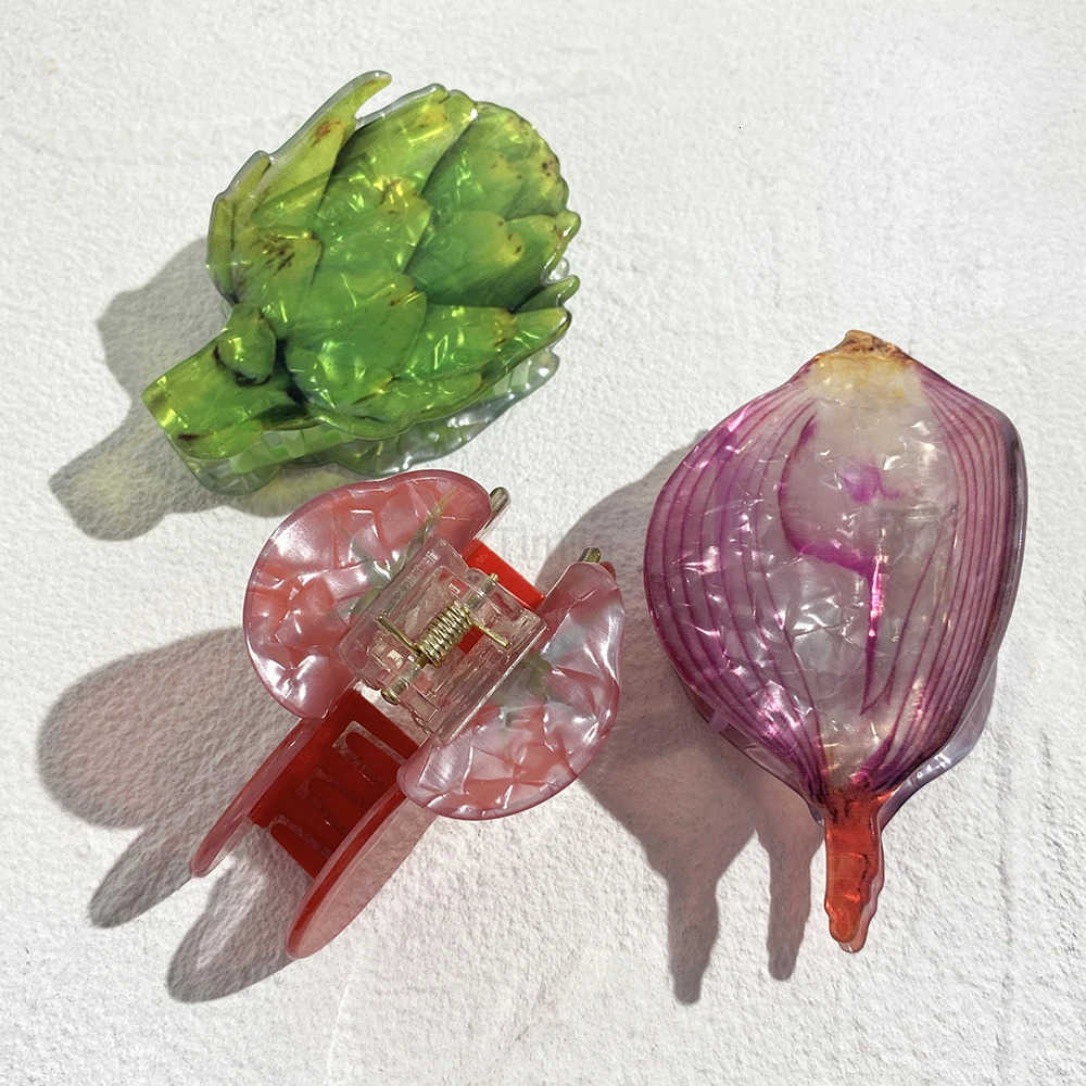 New Design Acrylic Lettuce Onion Tomato Shape Hair Clip Claw For Women Girls Creative Funny Printed Geometric Hair Accessories U250807
