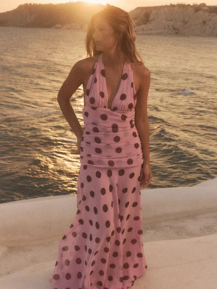 Pink Chiffon Polka Dot Printing Halter Maxi Dress Women Elegant Sleeveless Backless Skinny Pleated Robe Beach Evening Party Gown 250806