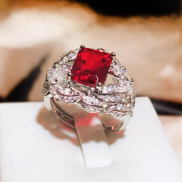 Square Red Gem Ring With Twisted Leaf & Sparkling Stone Accents Glam Evening And Engagement Accessory Gift For Her Luxurious And Dazzling Jewelry