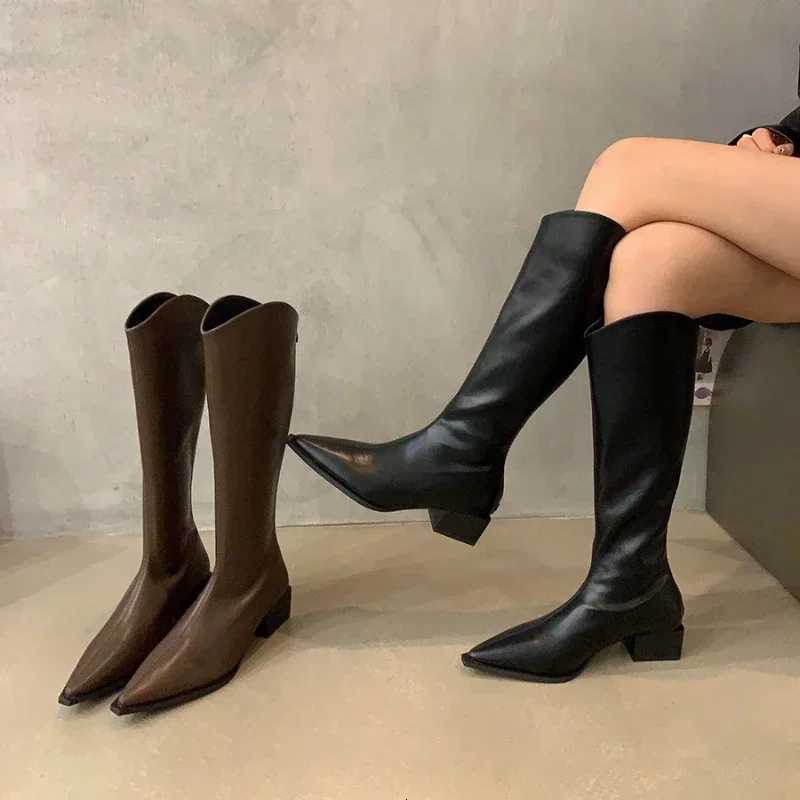 Women Mid Heels Knee High Chelsea Long Boots Platform Motorcycle Boots Designer Vintage Pointed High Knight Boots XJ250807