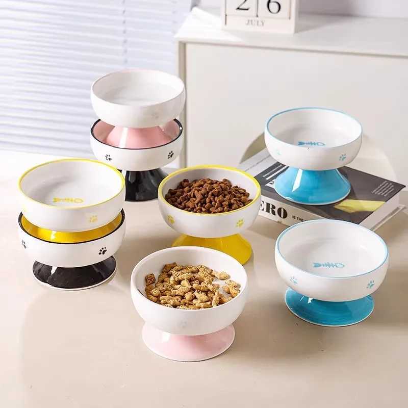 Cat Bowl High Legged Ceramic Food Bowls Water Feeding Dog Feeding Bowl Cervical Protection Pet Products Y250806