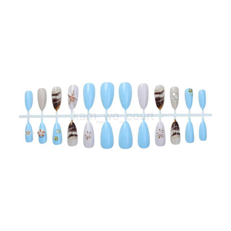24pcs 3D Sea Shells Decor Fake Nails Ins Blue Sea Starfish Press-on Nails Full Cover Wearable French Almond False Nail Tips M250807