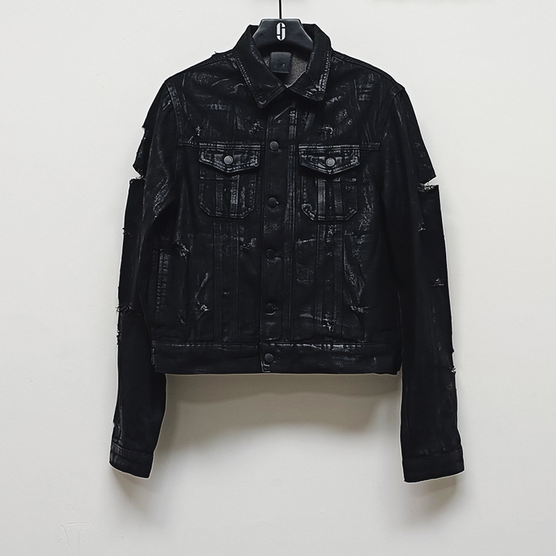 Men's Jackets Black Wax High Street Style Lapel Handmade Ripped Destroyed Denim Jacket