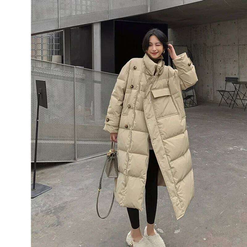 Designer Clothing 2025 Stand Collar Windproof Coats Winter Women Buttons Big Pockets Long Parka Thickened Warmer Cotton Korean Puffer Jacket