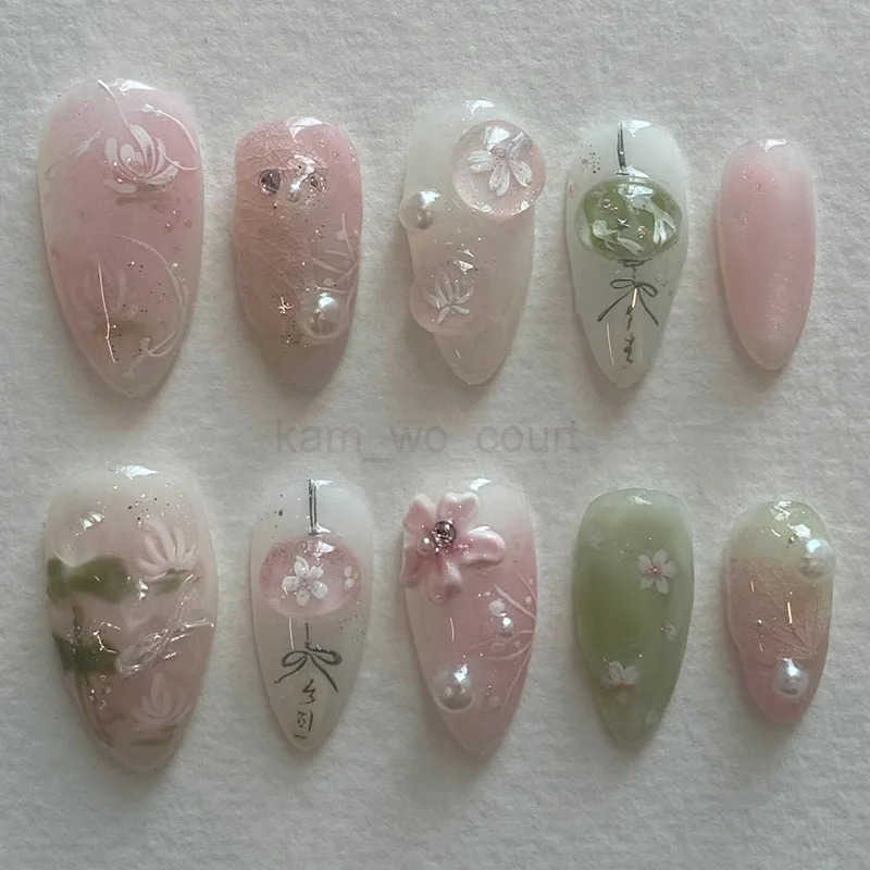24pcs Sweet Almond Fake Nail Tips Hand-painted Flower Pearl Pattern Blush Pink Press-on Nails Gentle Ins Style False Nails M250807