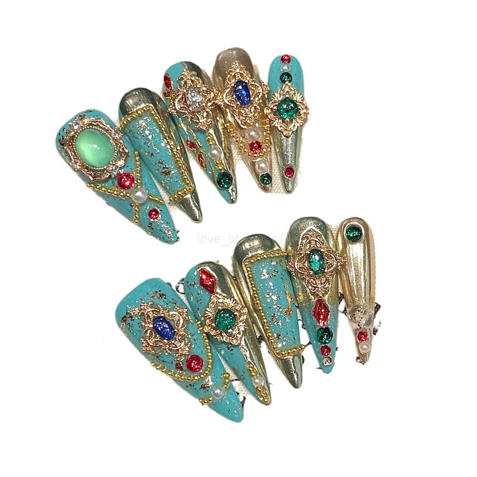 10pcs Green Long-pointed Press On Nails For Wedding Flash Gold Foil Chain Decors Luxury False Nails New Year French Fake Nails Z250807