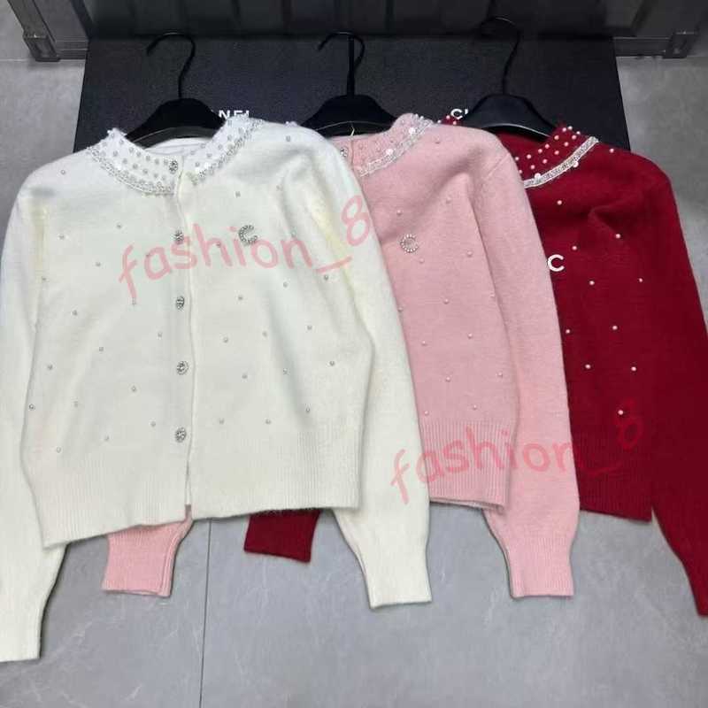 Women's Sweaters designer Designer Color-Block Round Neck Heavy Pearl Embellished Knitted Cardigan for Women Slim Fit Solid Color Slimming Autumn Winter jacket TJ26
