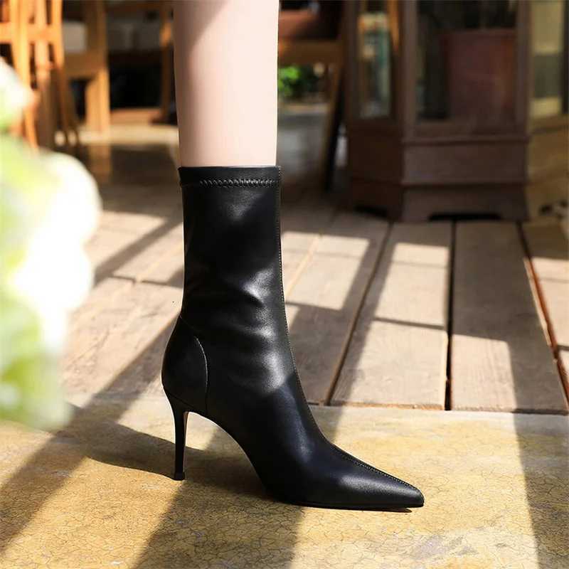 Womens Fi Simple Solid Mid-Calf Boot Sewing Pointed Toe Slip Pu Leather Thin High Heel Mature Modern Short BootsXJ250807