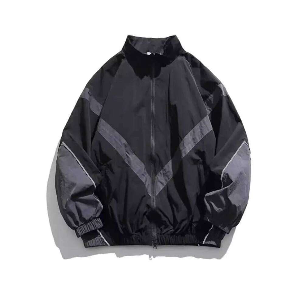 Trendy American Style Zippered Hooded Men's Loose Fit Casual Autumn Fashion Thin Jacket Reflective Patchwork Stand Collar