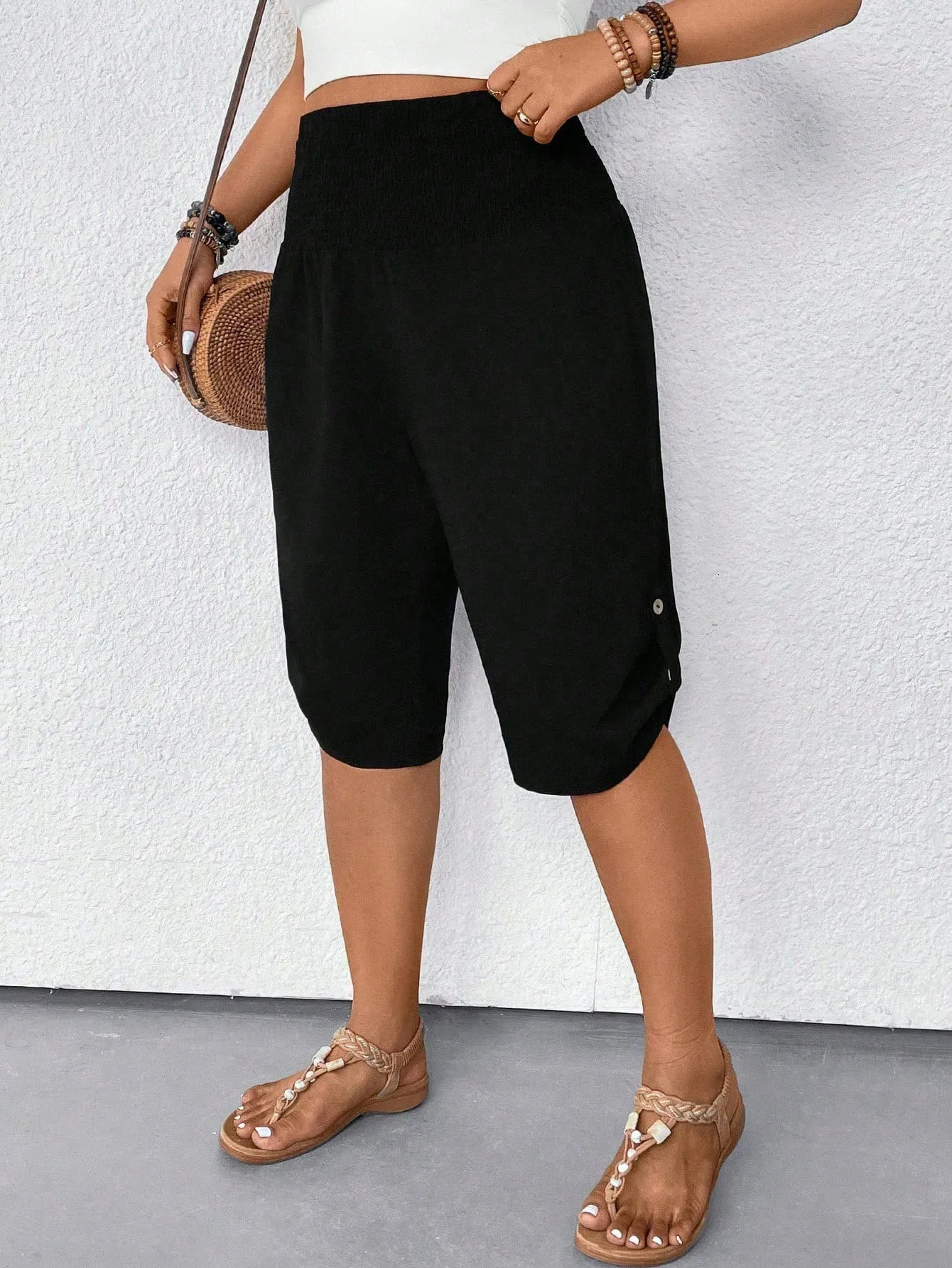 2025 Plus Size Fashion Selection Black Side Button Loose Mid Length Pants Sizes Available The HighWaisted n y250805