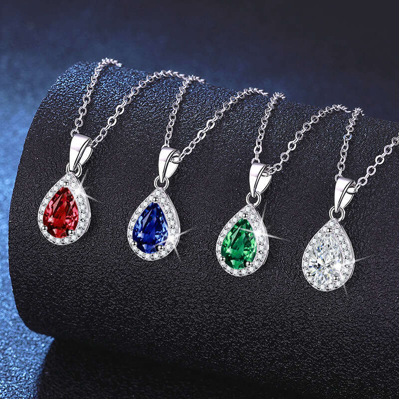 Moissanite Gemstone Iced Out VVS Silver Inlaid Cultivated Red Blue Emerald Necklace