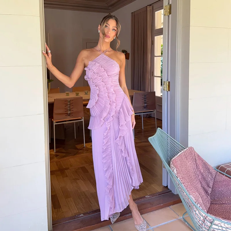 Chic pleated halter neck long vacation dress high quality purple strapless Lotus Edge Maxi Dress 2025 Lady Vacation Gowns 250807