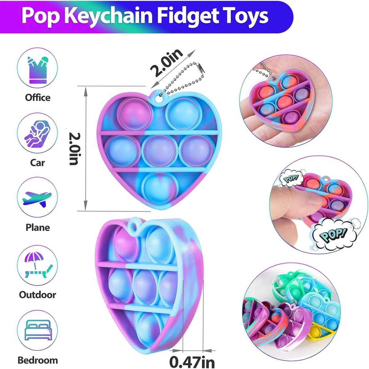 30pcs Pop Keychain It Fidget Toys Bracelet Heart Key Ring Rainbow Sensory Toys Set Bulk Pack Classroom Prizes Party Favors Z250807