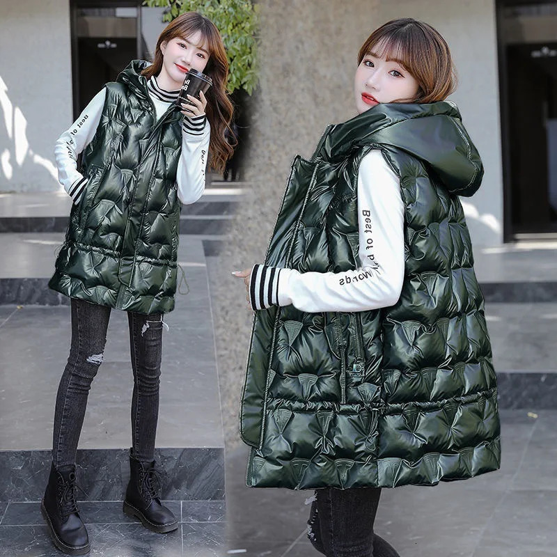 Winter Vest Glossy Down Cotton Parkas Vest Jacket Women Mid-length Leisure Hooded Sleeveless Waistcoat Female Warm Coat 250804