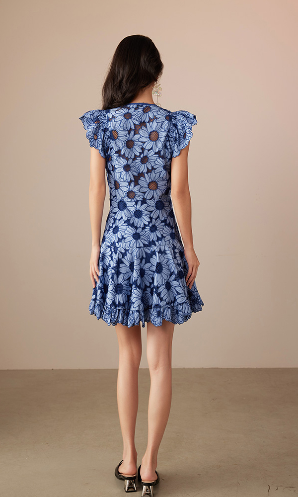 2025 Womens Summer Blue Sunflower Beach V Neck Lace Dresses Flare Short Sleeve Ruffles Mini Short Dresses 6116020