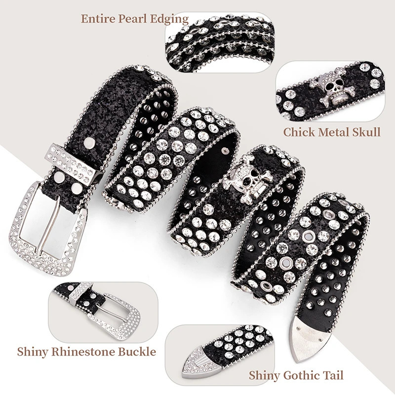 Maikun Bb Black Rhinestone Bling Belt Cowgirl Cowboy Belt With Sparkly Simon Diamond Belt For Men Western Head Skull Buckle 250805