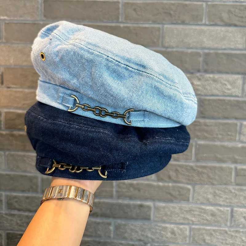 New Denim French Style Hat Chain Beret Childrens Outdoor Pumpkin Hat Versatile Hat Big Head Circumference Painter Hat XJ250807