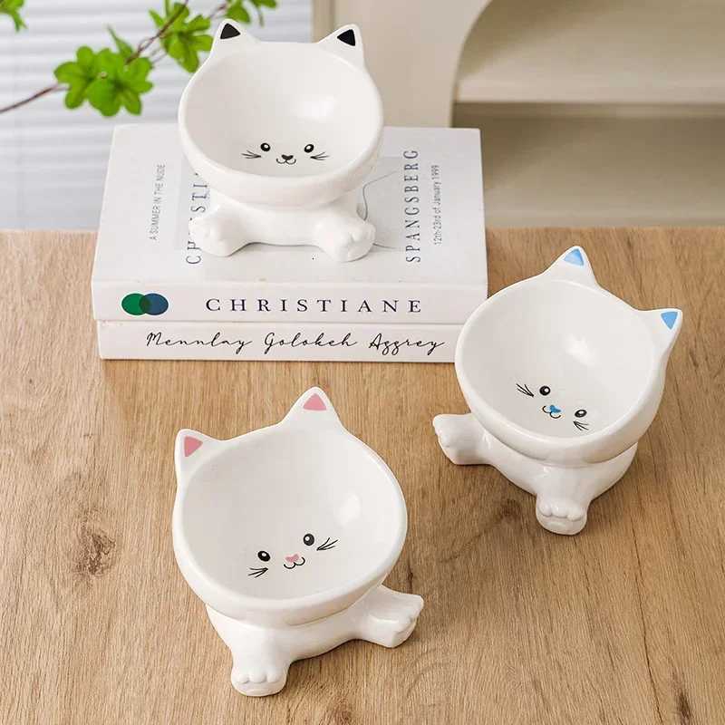 Cute Ceramic Dog Bowl Non Slip High Foot Elevated Pet Feeder Dish for Puppy Cat Food Water Cartoon Pattern Pet Supplies Y250806