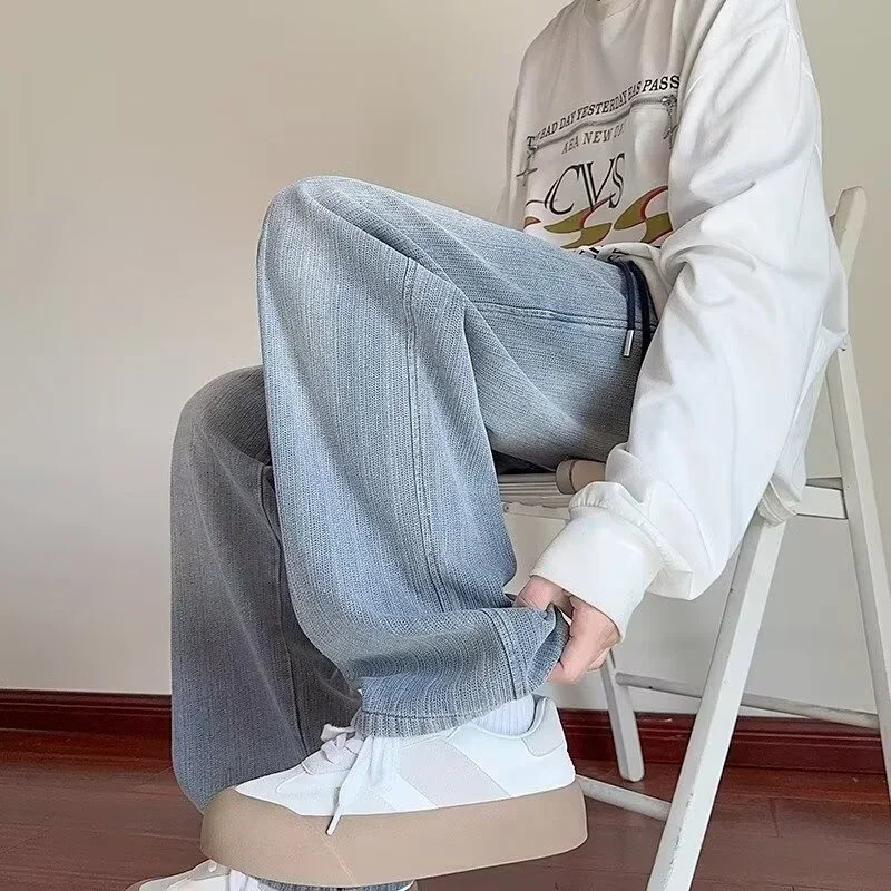 Distressed Vintage Blue Jeans For Men Drawstring Straightleg Denim Pants Y2K Streetwear Washed Baggy Jean Hombre 250807