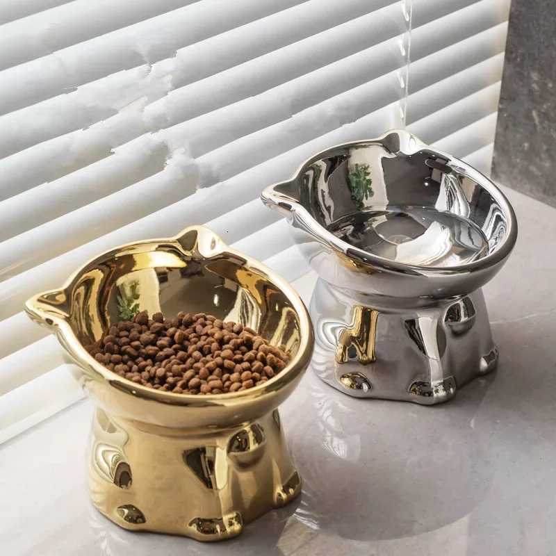 Pet Supplies Ceramic Cat Shaped Bowl with Bells Anti Tipping Feeder for Puppy Dog Cat Supplies Dog Accessories Y250806