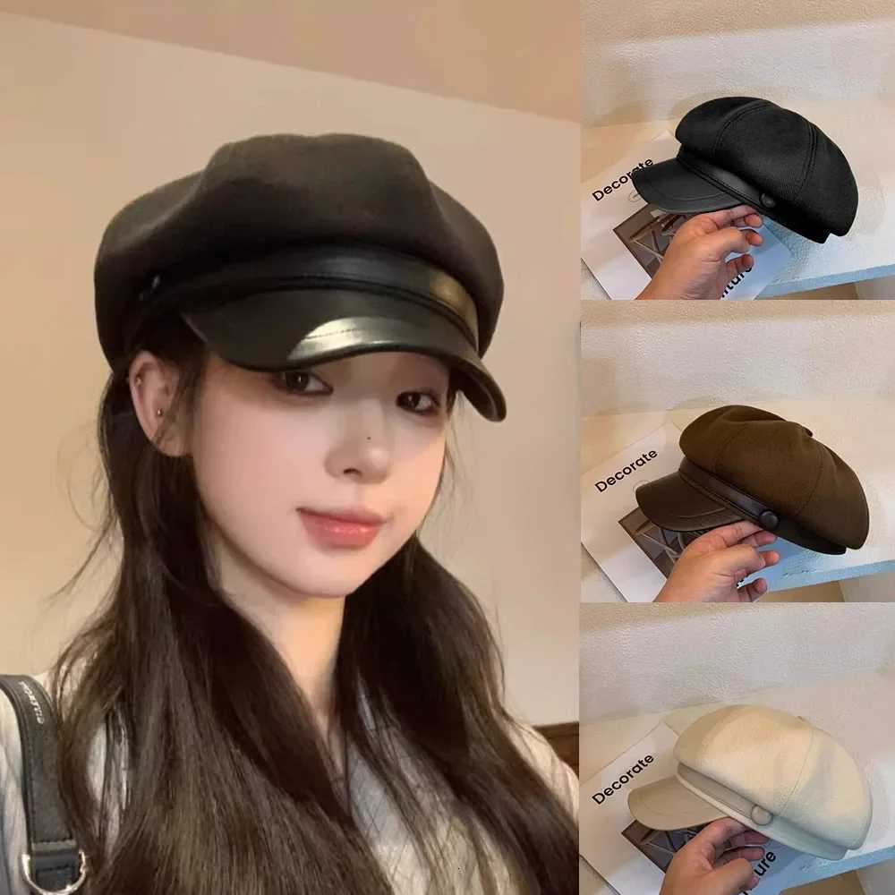 Womens Fashion PU Leather Beret Adjustable Octagonal Hat Big Head Circumference Retro Style Autumn Winter Accessories XJ250807