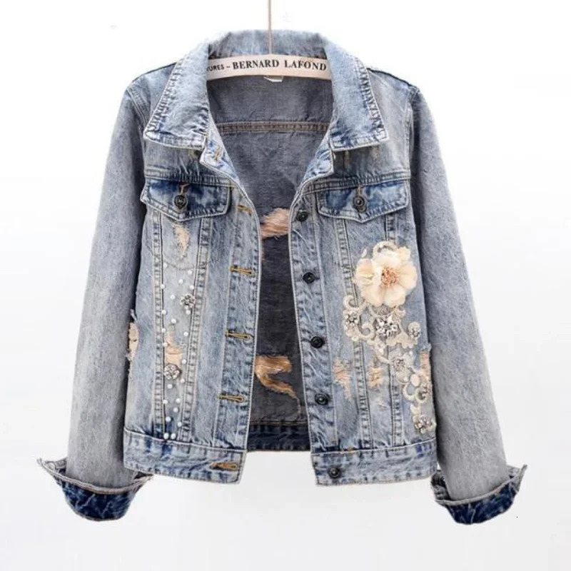 Womens Denim Jackets Diamonds Spring Autumn Female Jeans Coat Embroidered with Rhinestones Patchwork Sequin Print Graphic Blue 250804