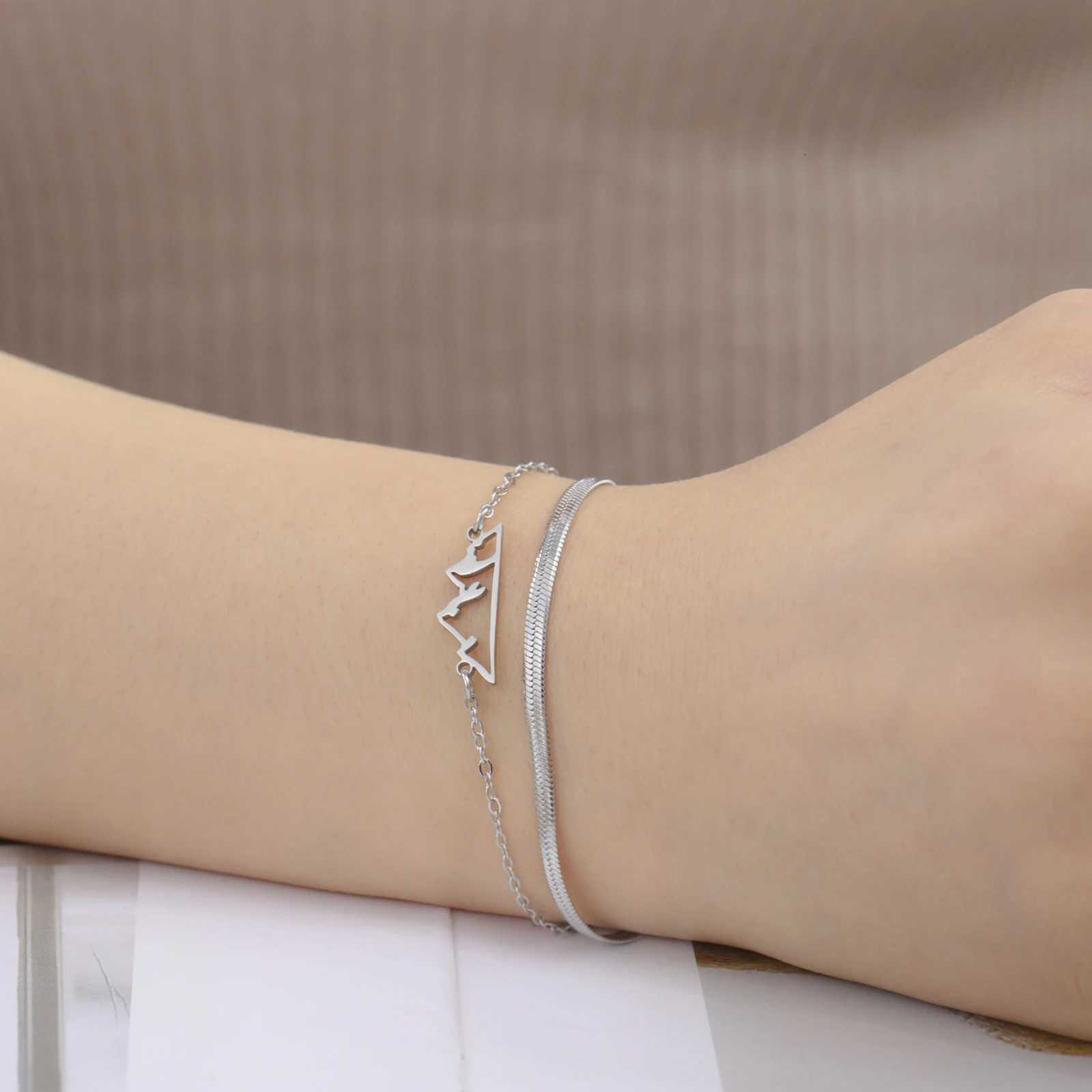 Lucktune Mountain Charms Stainless Steel Bracelet Jewelry For Women Fashion Double Chain Womens Hand Bracelets Birthday Gift W250807