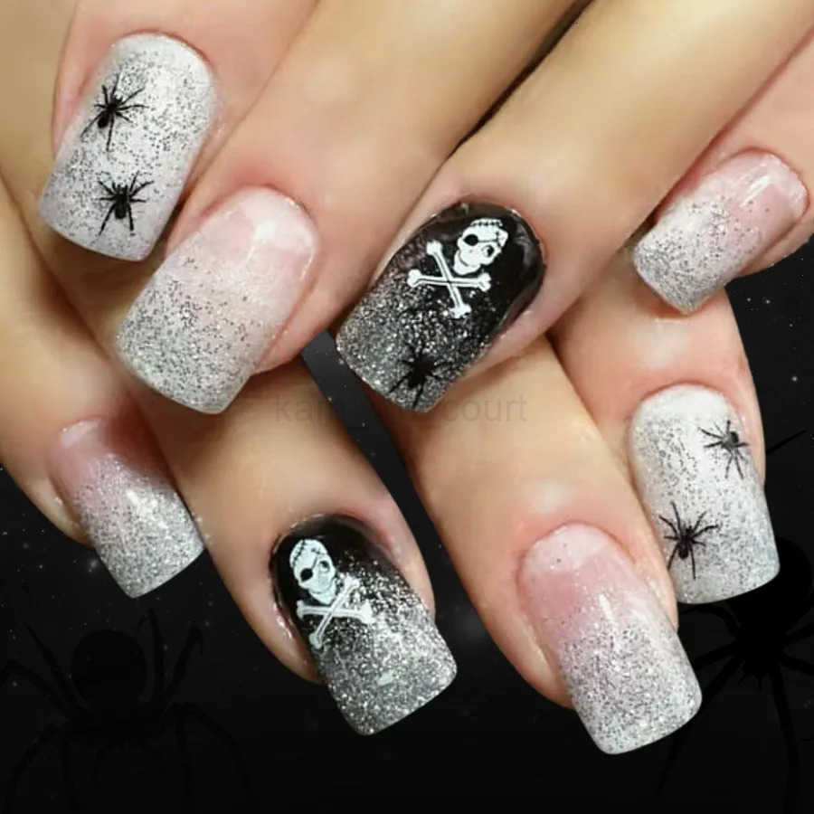 Black Halloween Press On Nails Moon Star Cat Design Short Square Fake Nails Full Cover Acrylic Nail Tips For Women Girls 24pcs M250807