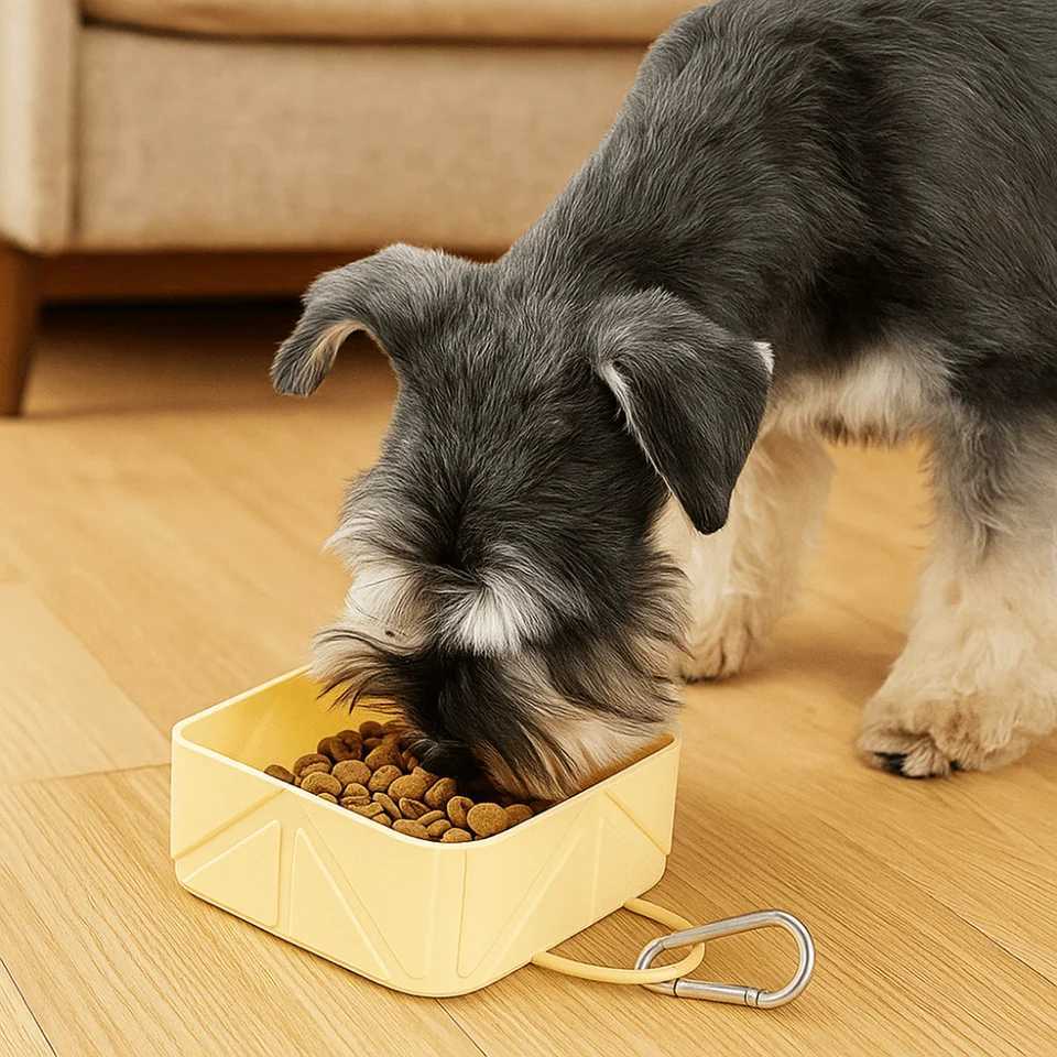 Soft Anti Slip Folding Pet Bowl Food Grade with Carabiner Portable Dog Feeder Square Foldable Silicone Dog Dish Travel Y250806