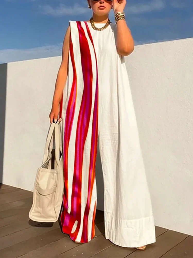 Yeezzi 2025 Womens Contrast Color Striped Wide Leg Jumpsuits Summer Sleeveless Casual Fashion One Piece Suits Streetwear 250804