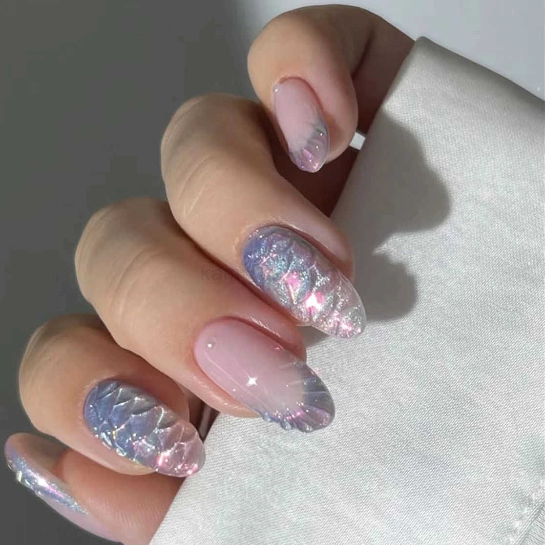 Fish Scale Glitter Powder Long Pointed Fake Nail Shell Pearl Cat Eye Starfish Summer Ripple False Nails Art Charm Press-on Nails M250807