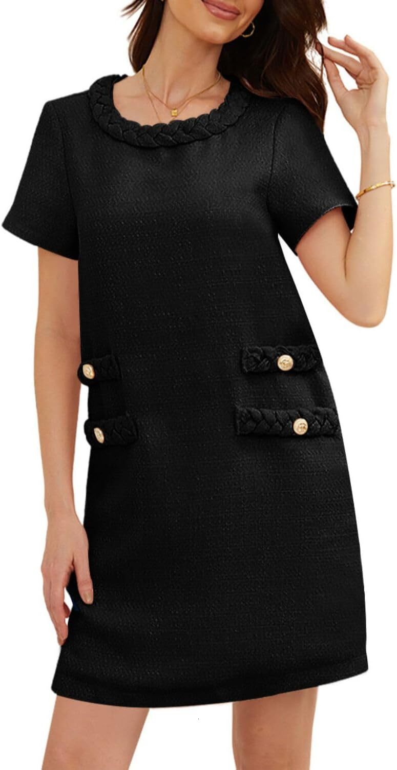 Women's Short Sleeve Crew Neck Tweed Dress A-line Button Part Elegant Mini Dresses