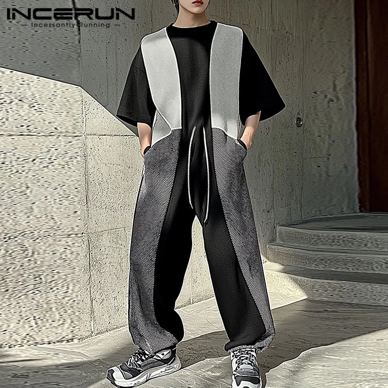 INCERUN 2025 Korean Style Rompers Fashion Men Spliced Contrast n Overalls Casual Streetwear Male Loose Simple Jumpsuits 250804