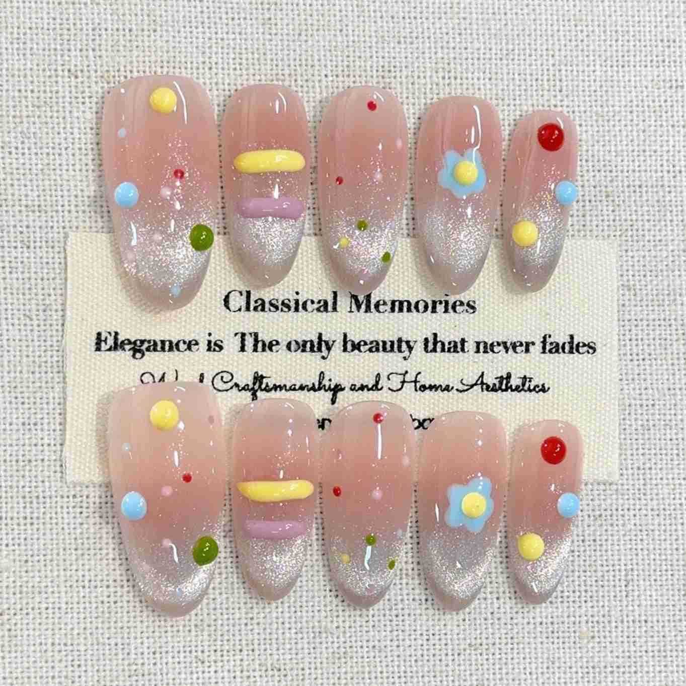 10Pcs Pink Blush Press-on False Nails with Mermaid Shell Cat Eye Sparkling Dreamy Nail Patch Wearing Finished Acrylic Fake Nail M250807