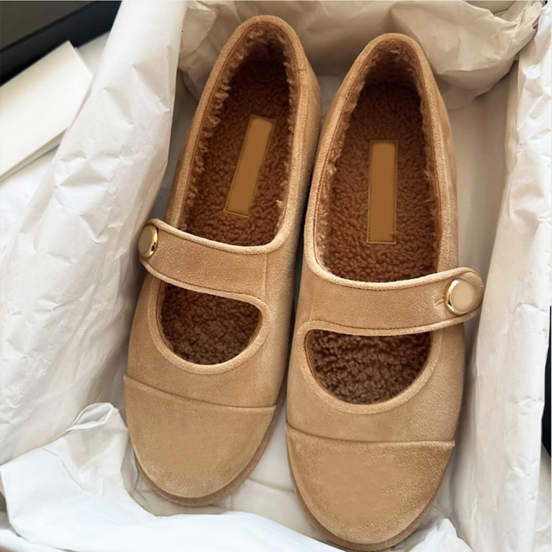 Autumn Winter Luxury Mary Jane Shoes Suede Ballet Flats Warm Wool Loafers Cute Teddy Fur Sandals Round Toe Elegant Fashion Ballerina Shoes Outdoor Casual 901