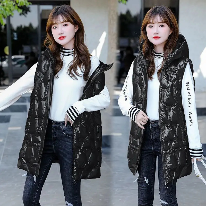 Winter Vest Glossy Down Cotton Parkas Vest Jacket Women Mid-length Leisure Hooded Sleeveless Waistcoat Female Warm Coat 250804