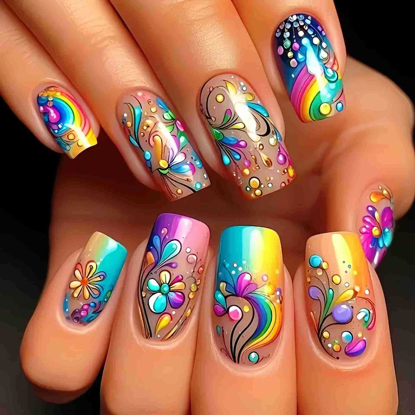 24Pcs Medium Coffin Press on Nails Colorful Gradient Stripes Gel Fake Nails Dreamy Rainbow Butterfly Nail Plant Flowers Nail Tips Z250807