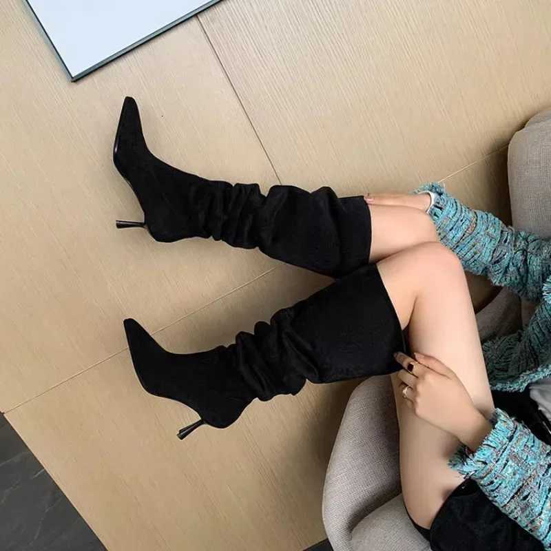 Women Pointed Toe Thin High Heels Ankle Boots Autumn Fi Pleated Cowboy Women Faux Suede Woman Slip Warm Boots XJ250807