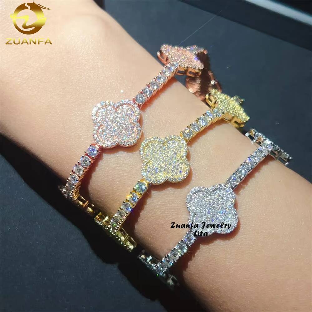 Pass Diamond Tester Fast Shipping New Design 925 Sterling Silver Clover Moissanite Tennis Chain Bracelet