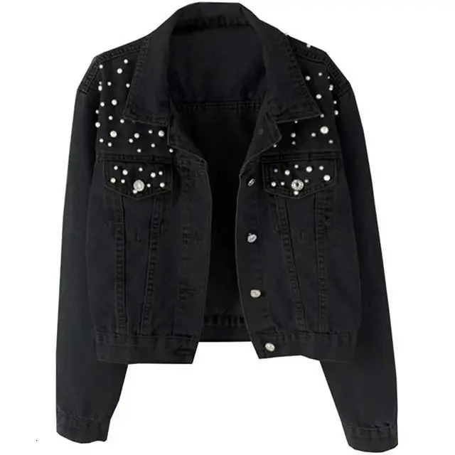 Washed Long-sleeved Lapel Denim Jacket. A Autumn Fashion Beaded and Diamond-encrusted Loose Casual Denim Jacket for Women 250804