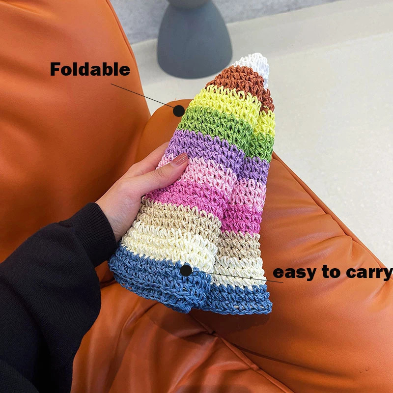 Summer Rainbow Striped Bucket Hat Woman Crochet Beach Fisherman Hat Foldable Handmade Weave Sun Hat Female Panama Wholesale 250805