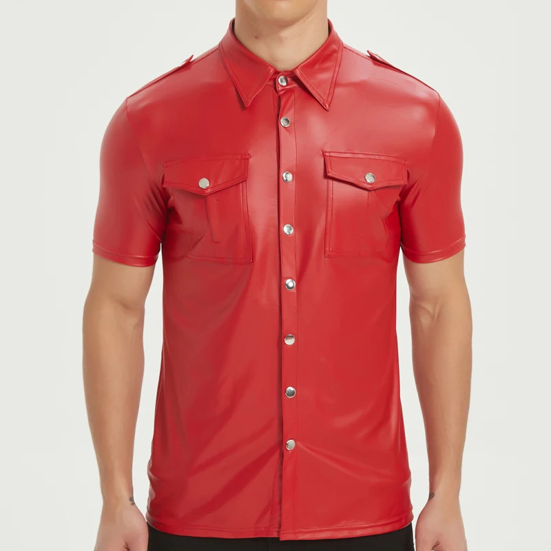 Mens PU leather shirts elastic short sleeve superior quality 250807