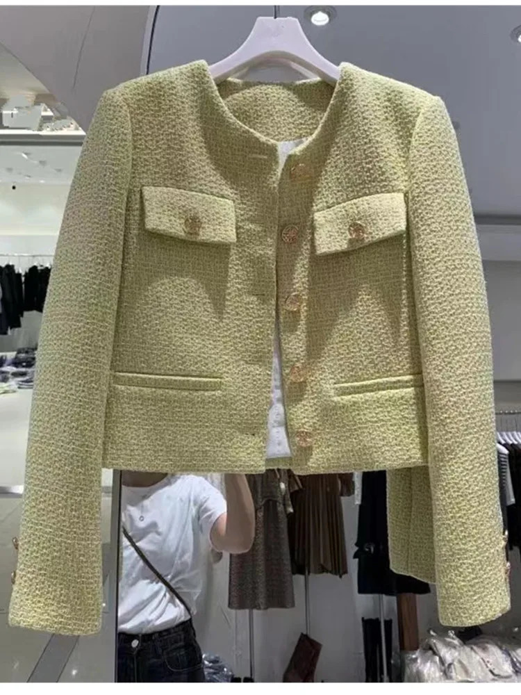 HMA Korean Chic Female Tweed Basic Jacket Coat Women Clothing Runway Style Woolen Outerwear 250807
