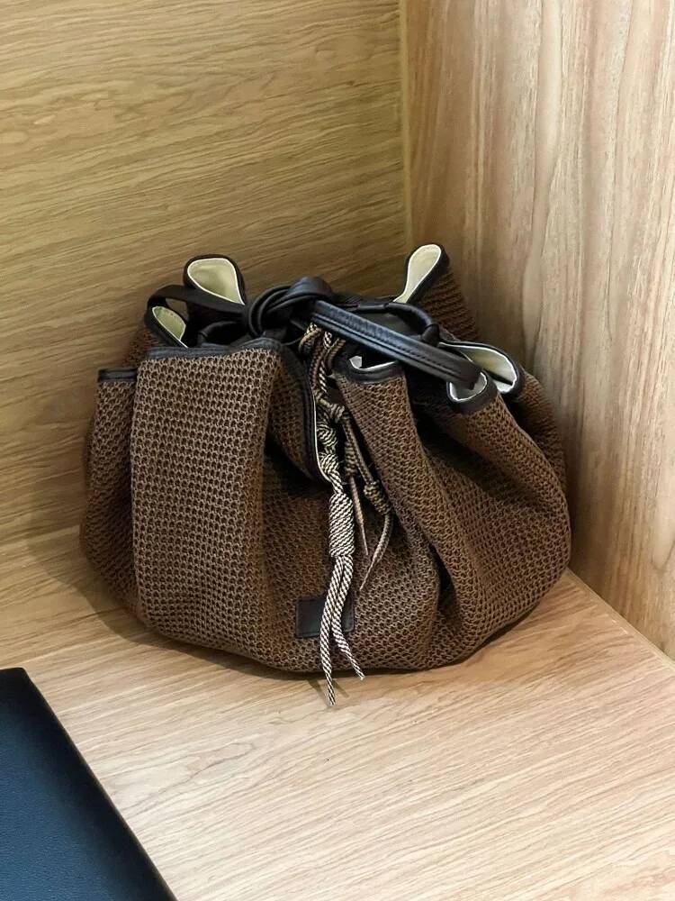 Designer Women Casual Totes Handbag Summer Holiday Straw Vintage Bucket Shoulder Bags Cow Leather Spliced Beach Bag high-quality