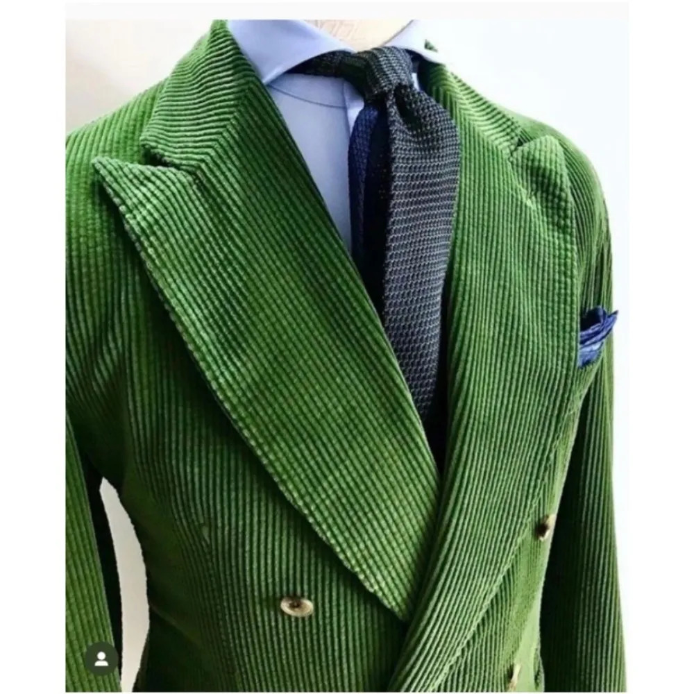 Green Corduroy Mens Suits 2 Pieces Double Breasted Retro Costume Homme Slim Fit Wedding Groom Tailored Made Jacket Pant 250807