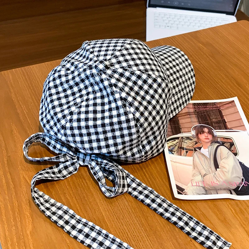 Japanese Blue Plaid Bow Baseball Cap Female Korean Version Casual Versatile Big Size Sunshade Hard Top Sun Baseball Cap 250730