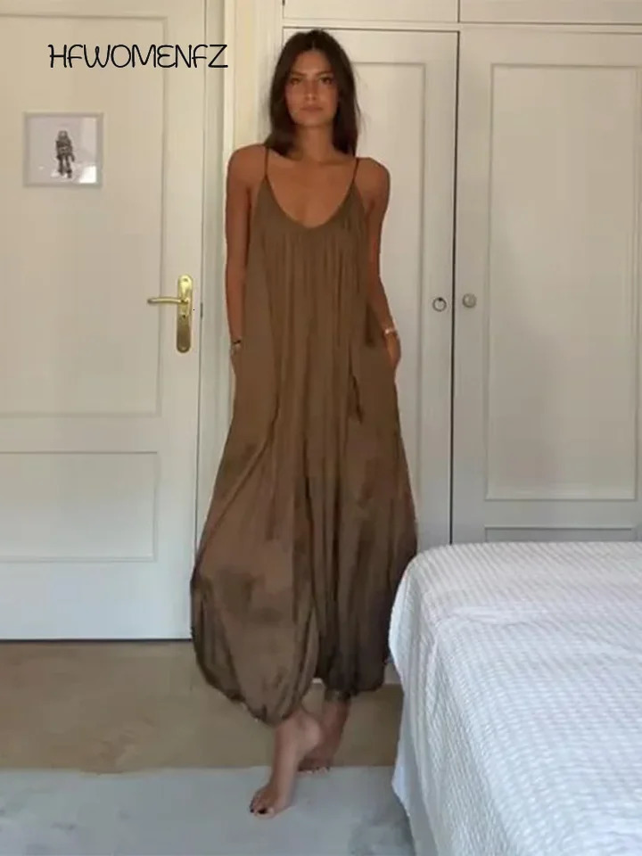 Casual Solid Slip Jumpsuit Women Vintage Brown Pleated Loose Wide Leg Jumpsuits Female 2025 Fashion Summer Street Lady Pants 250804